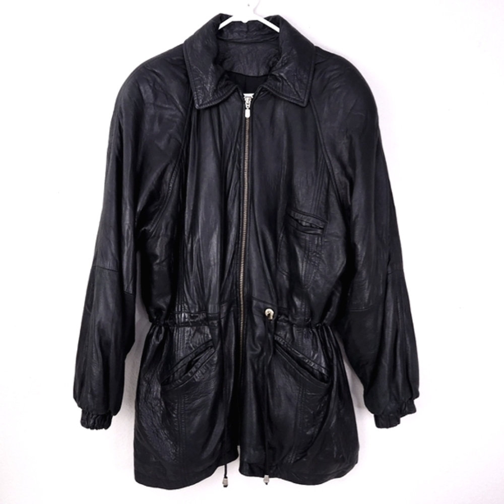 Vintage DAMSELLE Leather Jacket LARGE Black Lambskin Coat